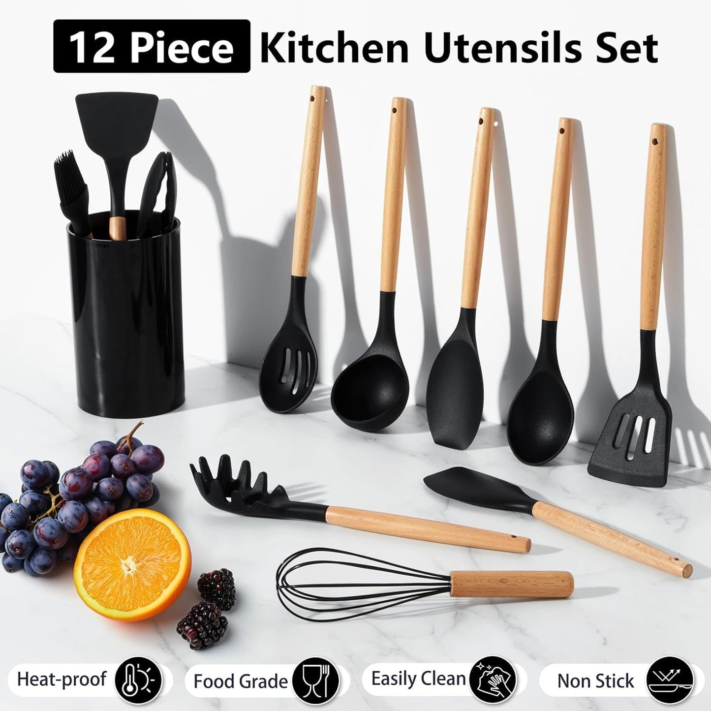 12-Piece Silicone Kitchen Utensil Set with Wooden Handles for Nonstick Cookware