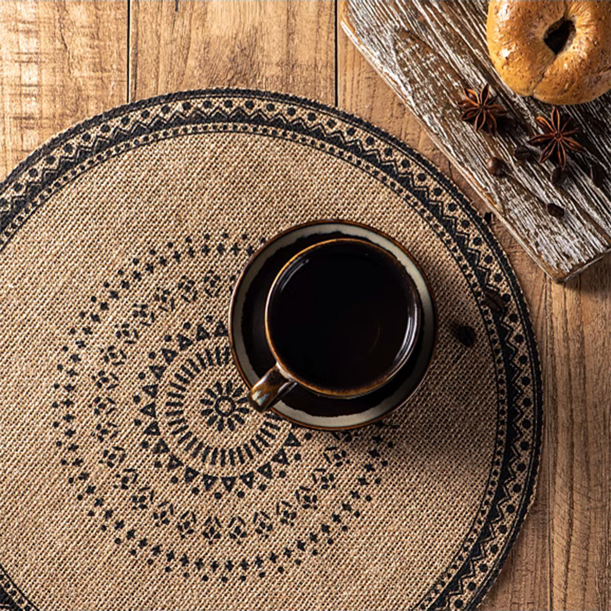 15-Inch Round Jute Placemat – Boho Mandala Printed Table Mat with Fringe, Rustic Farmhouse Dining Décor