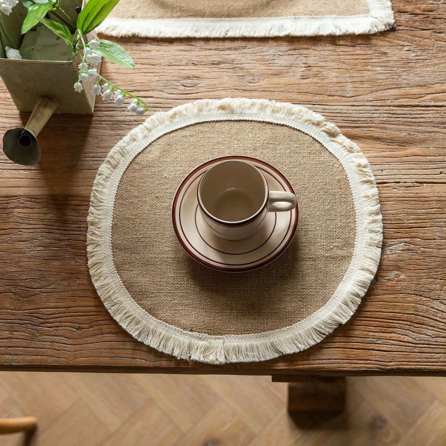 Farmhouse Vintage Jute Placemat with Tassels, Round Bowl Mat, Rectangular Heat Resistant Table Mat & Napkin