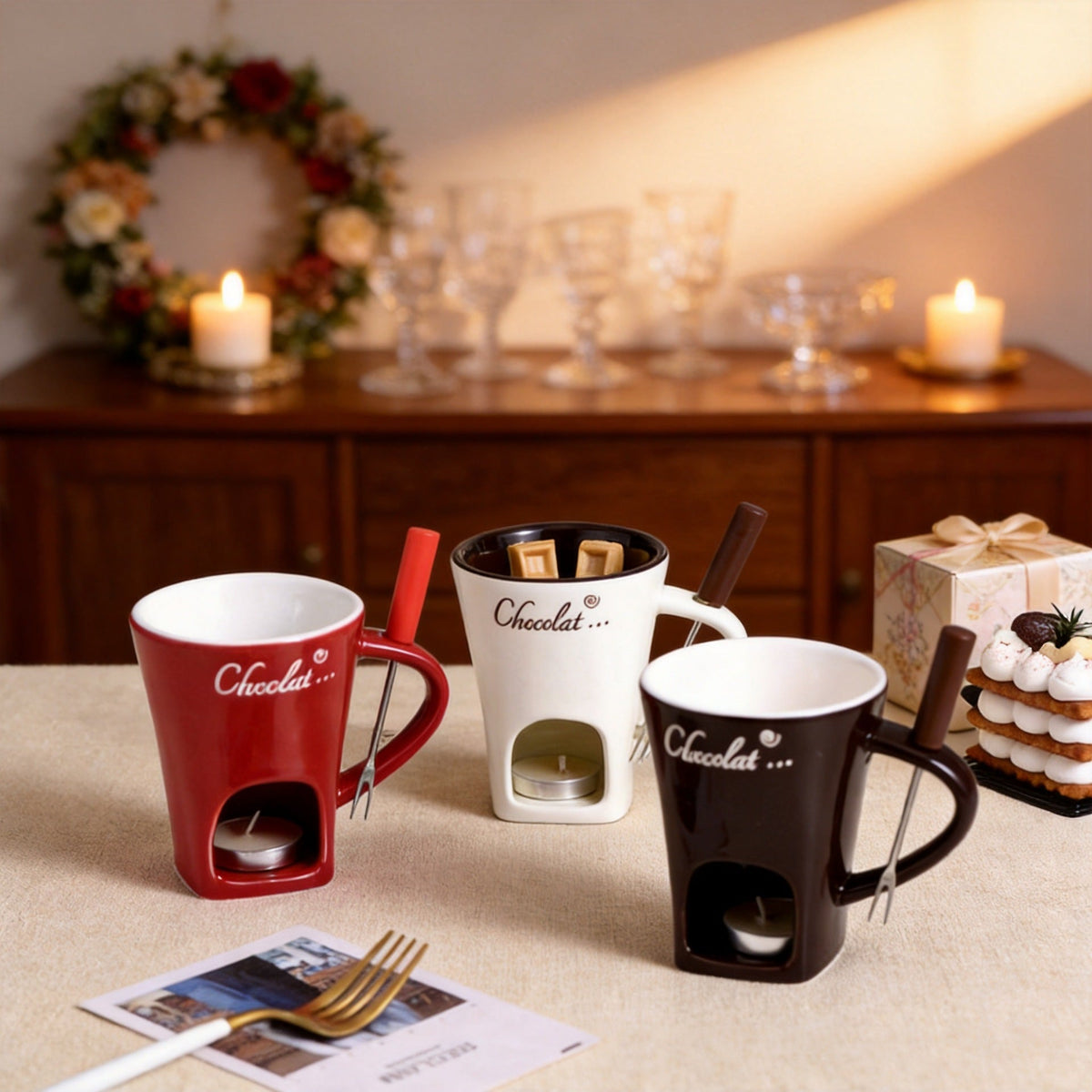 Ceramic Chocolate Fondue Mug Set – Mini Cheese & Dessert Melting Cup with Tea Light Warmer and Fork, 3 Colors