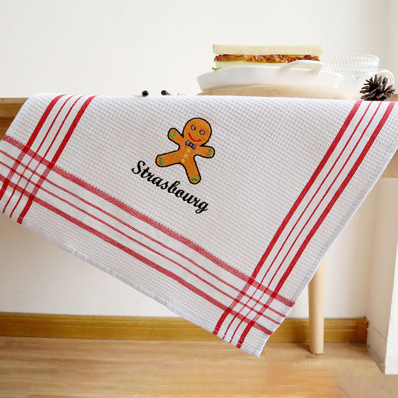 Christmas Embroidered Waffle Tea Towel, Nordic Cotton Fabric Napkin