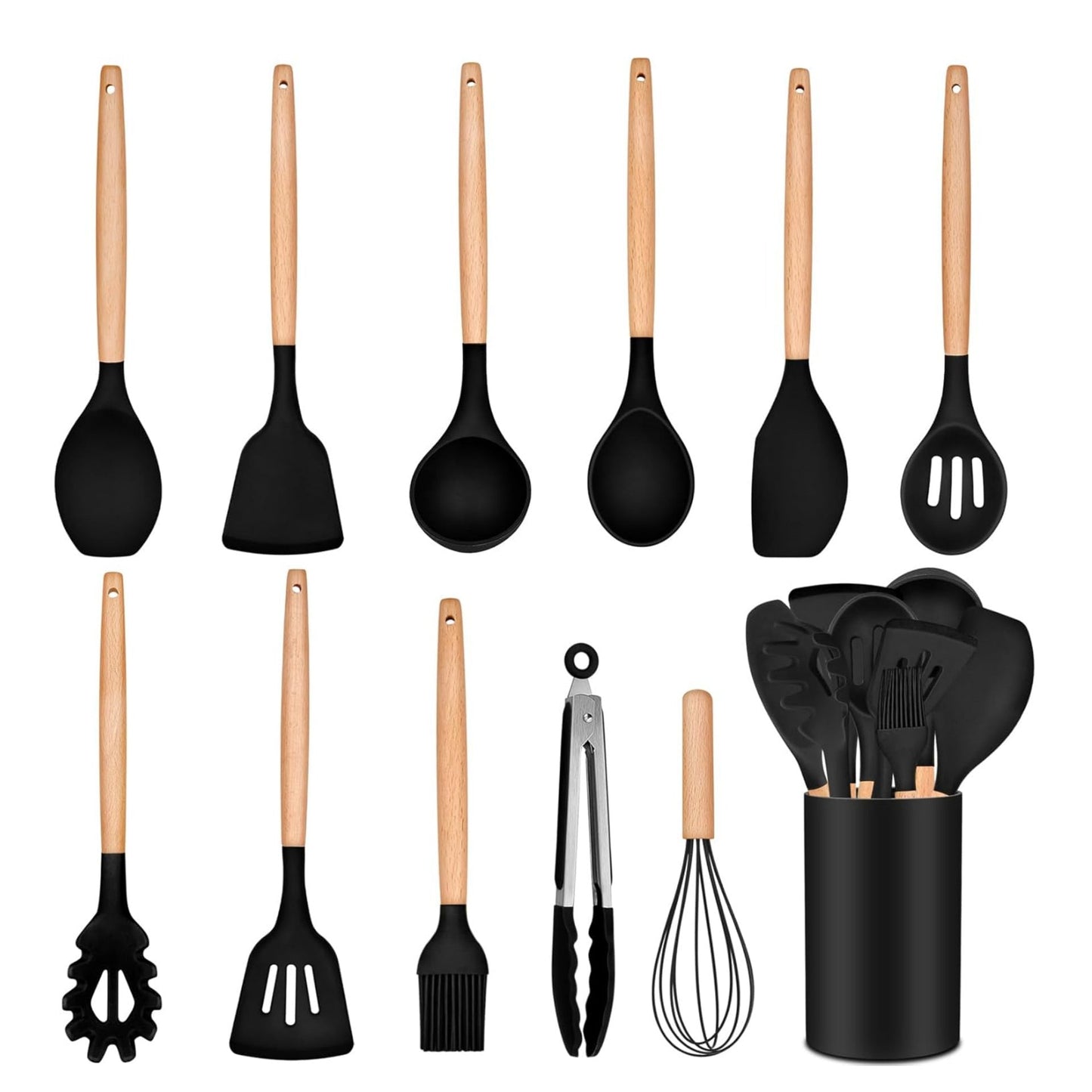 12-Piece Silicone Kitchen Utensil Set with Wooden Handles for Nonstick Cookware