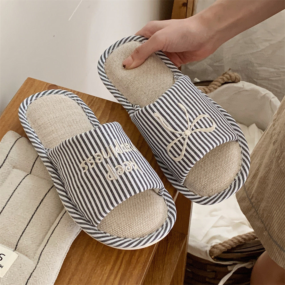 Striped Linen Open Toe House Slippers, Lightweight Indoor Slides with Non-Slip PVC Sole