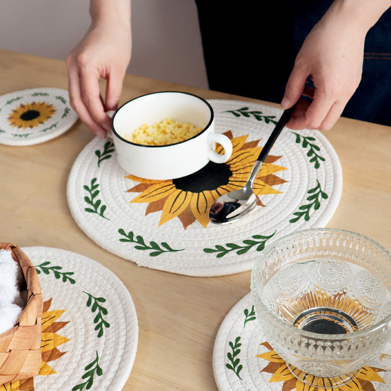 Farmhouse Sunflower Cotton Rope Placemat, Round Heat Resistant Table Mat & Trivet