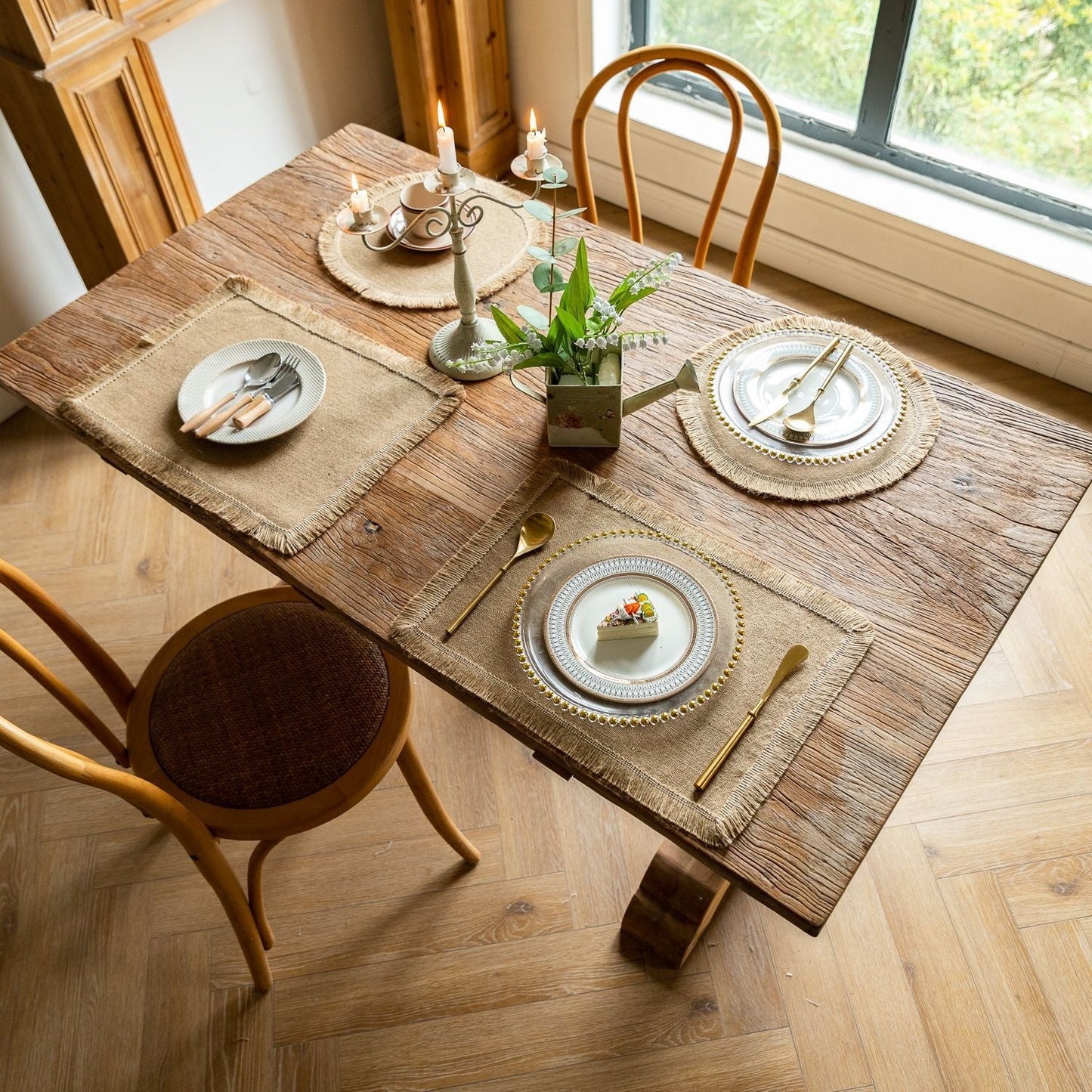 Farmhouse Vintage Jute Placemat with Tassels, Round Bowl Mat, Rectangular Heat Resistant Table Mat & Napkin