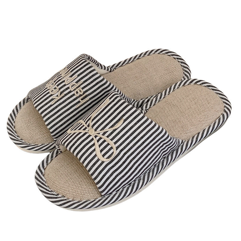 Striped Linen Open Toe House Slippers, Lightweight Indoor Slides with Non-Slip PVC Sole