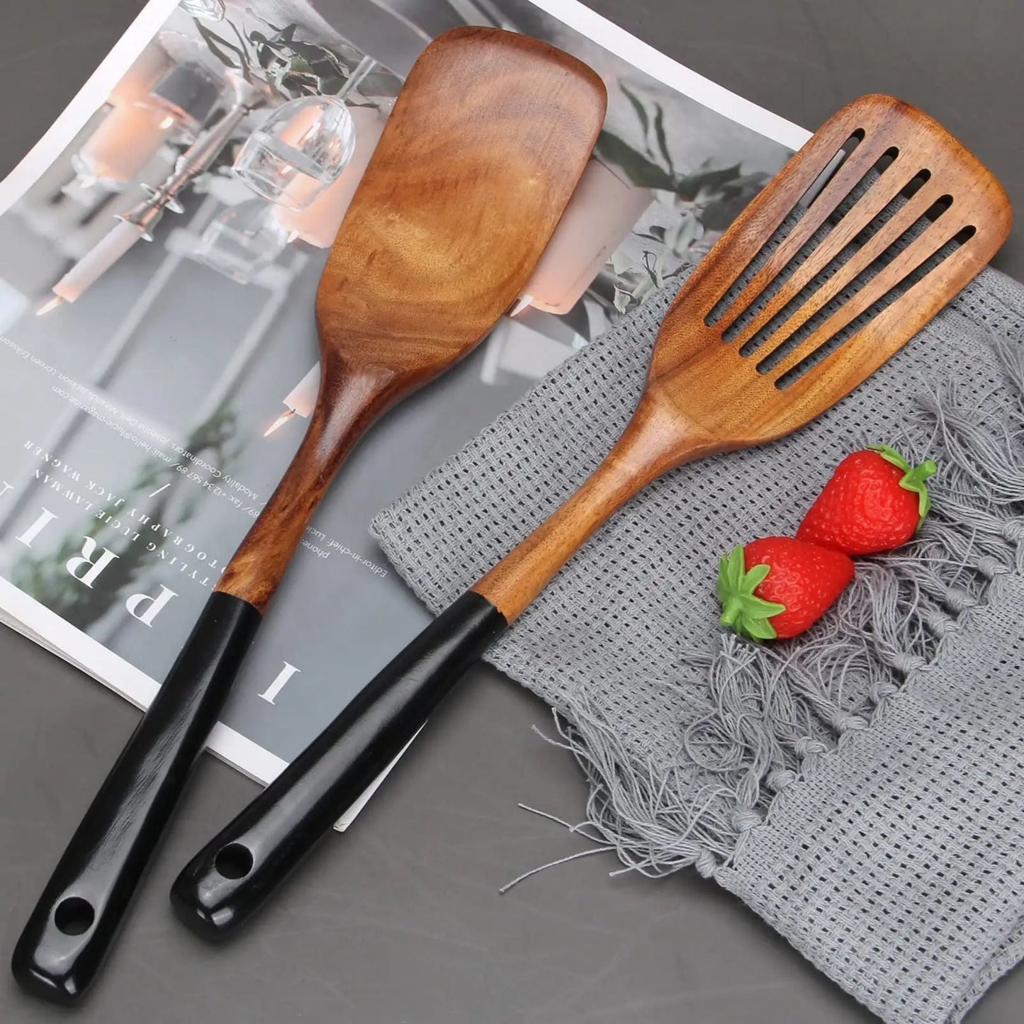 Heat-Resistant Acacia Wood Cooking Utensil Set, Nonstick Spatula, Slotted Turner & Soup Ladle