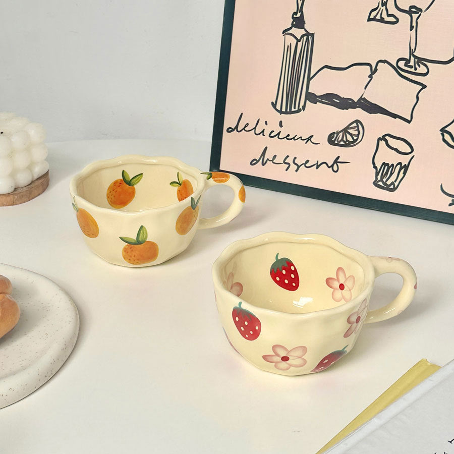 Ceramic Water Cup with Handle – Cute Floral & Fruit Drinking Mug