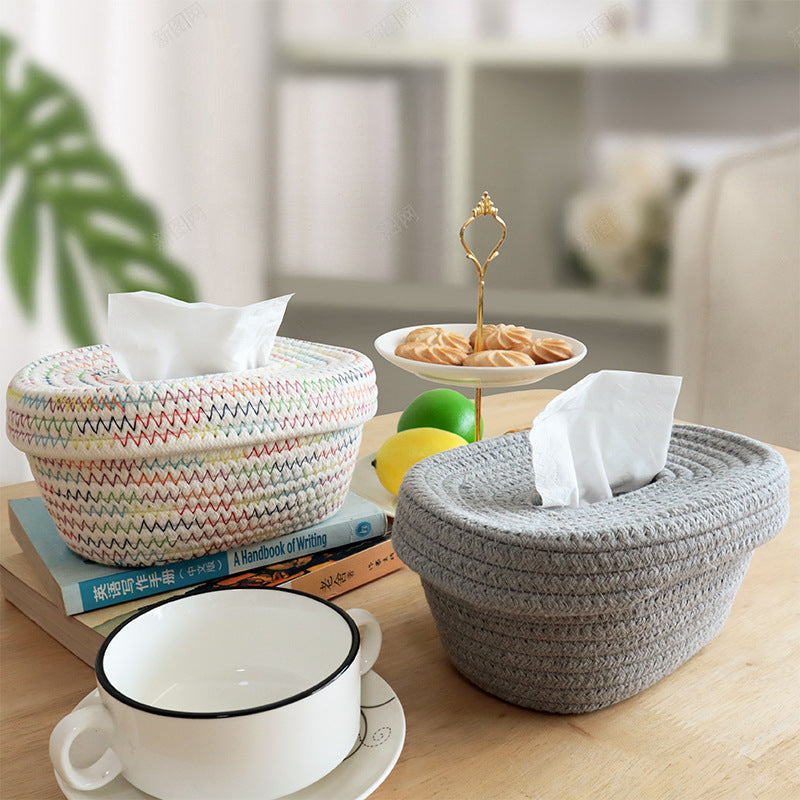 Woven Cotton Rope Tissue Box, Nordic Desktop Storage Basket