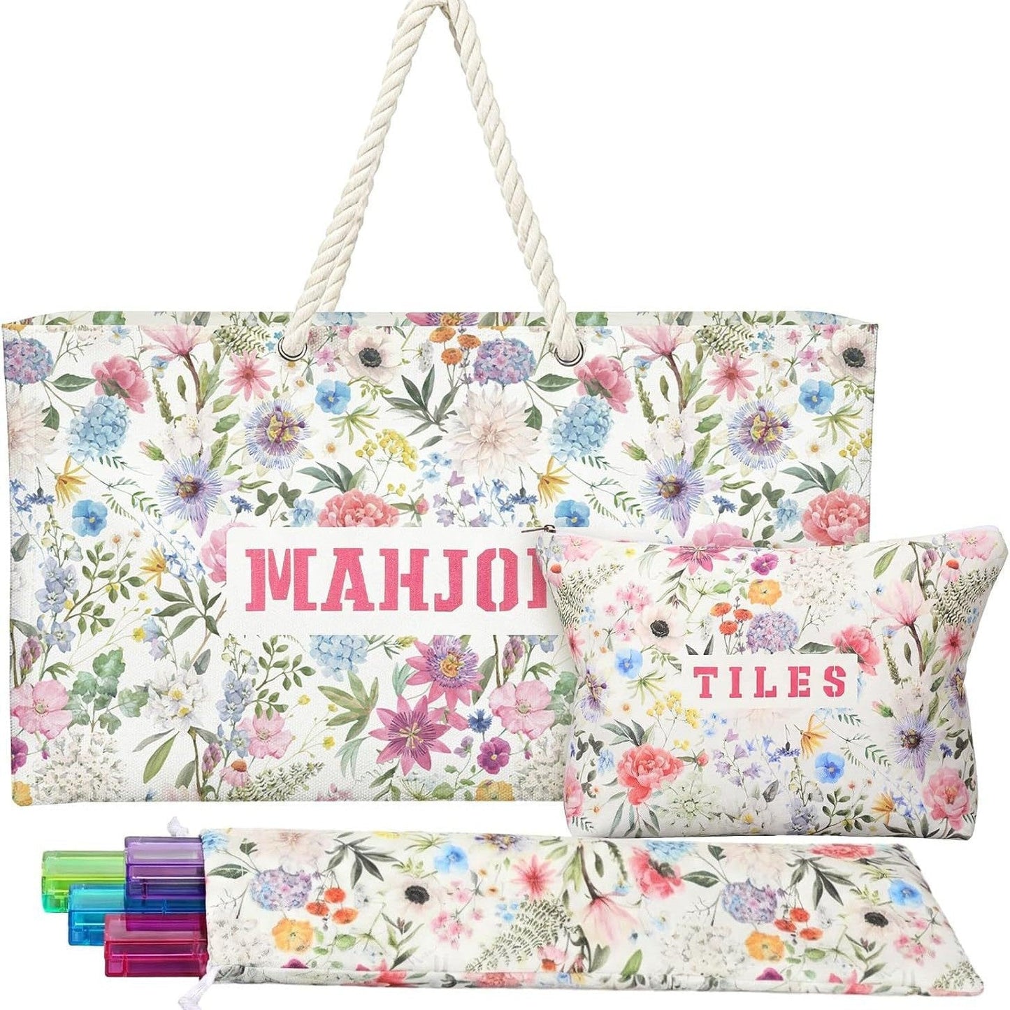 American Mahjong Storage Bag Set, Beige Floral Print 3-Piece Organizer