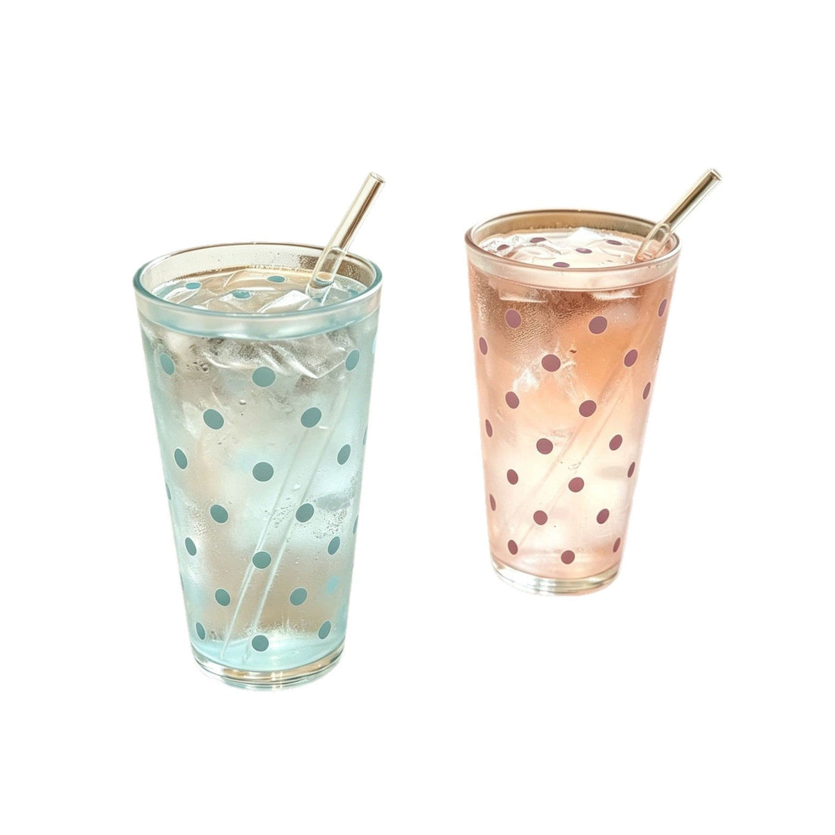 Polka Dot Glass Tumbler – 450ml Clear Drinking Cup with Glass Straw for Iced Coffee, Juice, Soda & Cold Drinks