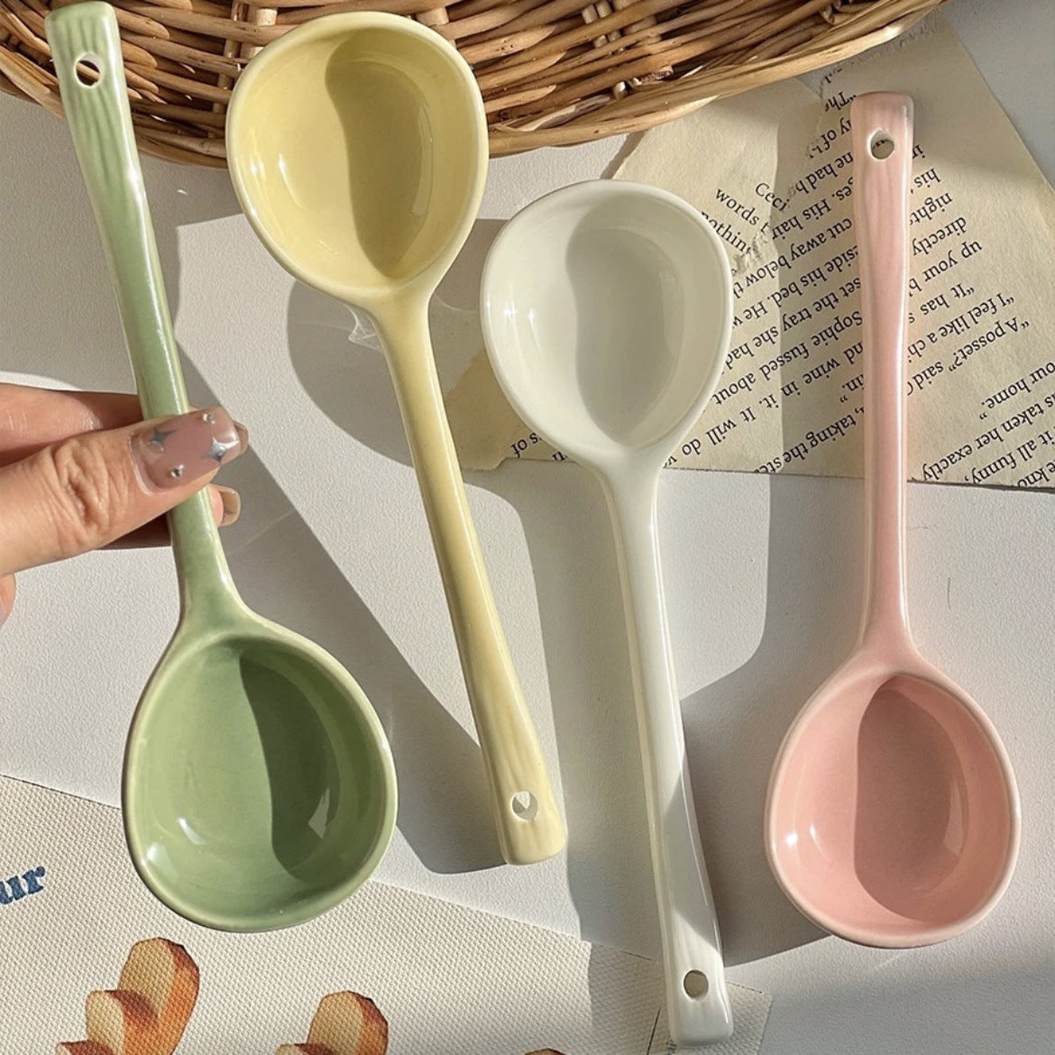 Ceramic Soup Spoon – Long Handle Serving Spoon with Hanging Hole for Soup, Rice, Desserts & Everyday Dining