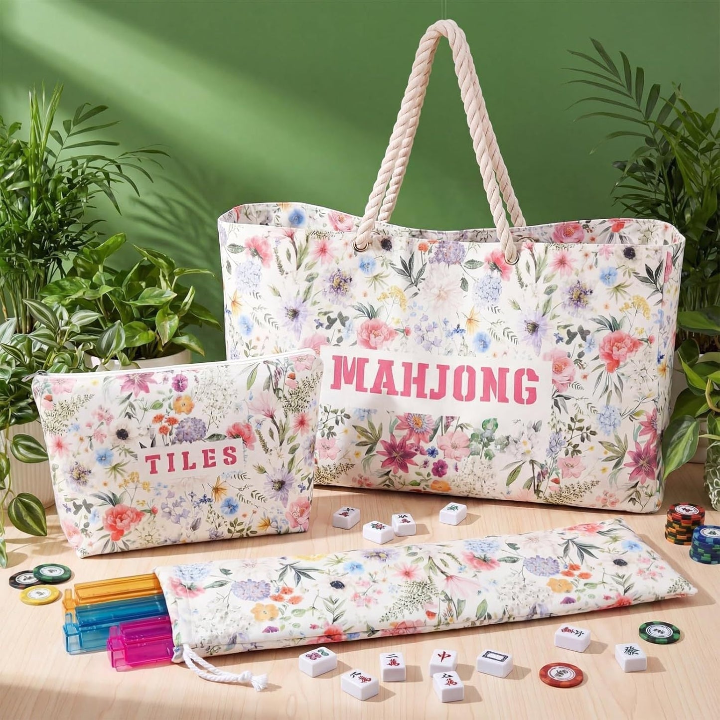 American Mahjong Storage Bag Set, Beige Floral Print 3-Piece Organizer
