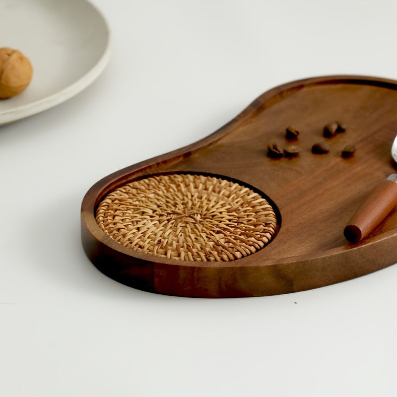 Acacia Wood Serving Tray with Woven Coaster – Irregular Snack & Coffee Tray for Café, Tea, Desserts, Breakfast & Home Table Setting