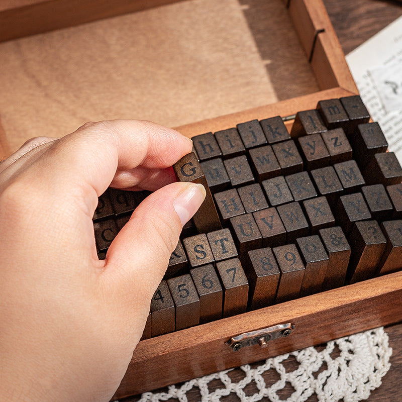 Vintage Alphabet and Number Stamp Set – 70-Piece Wooden Rubber Stamps in Storage Box