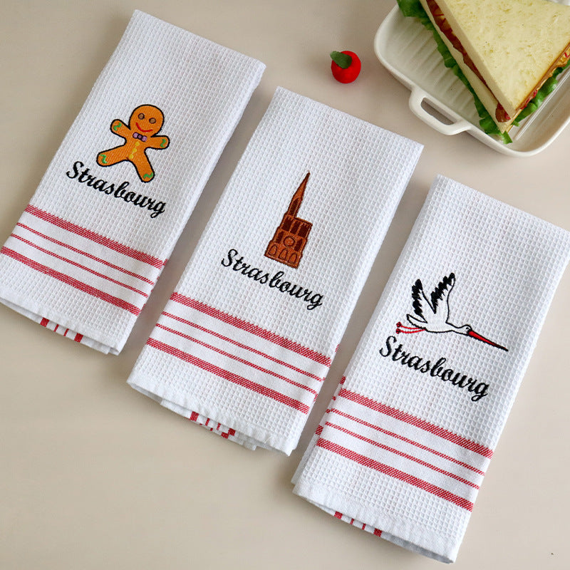 Christmas Embroidered Waffle Tea Towel, Nordic Cotton Fabric Napkin