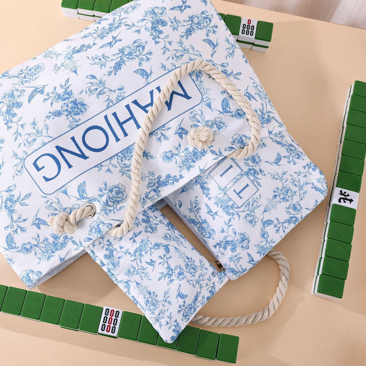 3-Piece Mahjong Storage Bag Set – Blue Floral Tote, Tile Pouch & Rack Carry Bag for Mahjong Tiles, Accessories, Travel & Home Storage