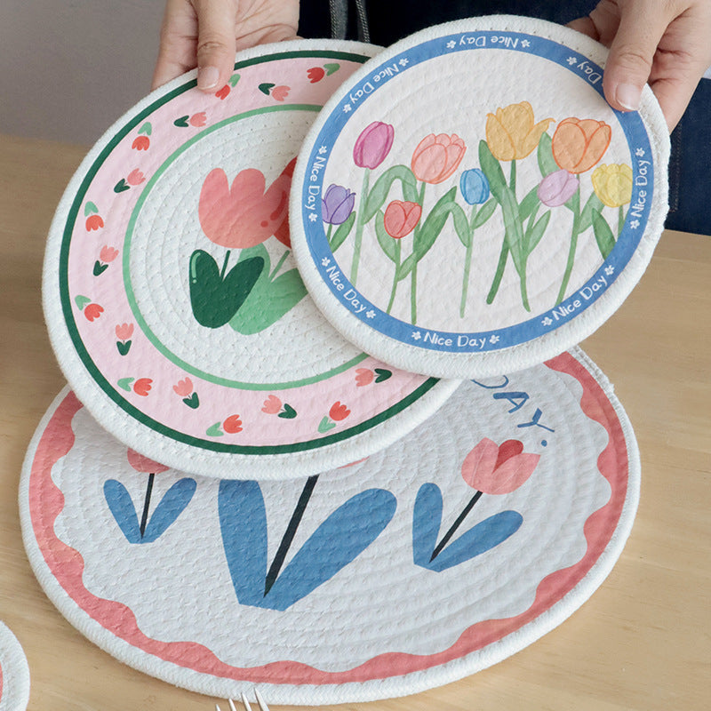 Nordic Tulip Print Woven Cotton Rope Trivet, Heat Resistant Table Mat & Coaster