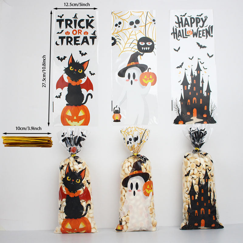 100-Pack Halloween Treat Bags – 3 Assorted Designs, Clear Plastic Candy Bags