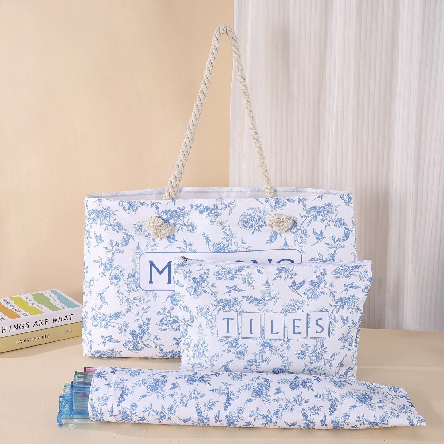 3-Piece Mahjong Storage Bag Set – Blue Floral Tote, Tile Pouch & Rack Carry Bag for Mahjong Tiles, Accessories, Travel & Home Storage