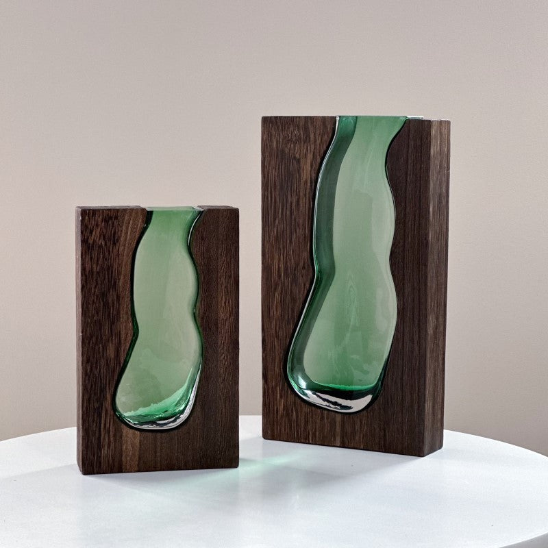 Nordic Wooden Base Glass Vase – Minimalist Home Decor Accent