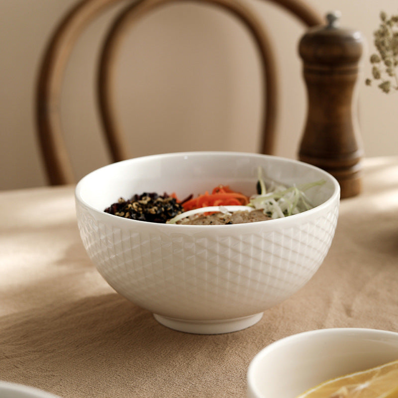 White Ceramic Bowl – Grid Pattern Rice, Soup & Salad Bowl for Home & Hospitality