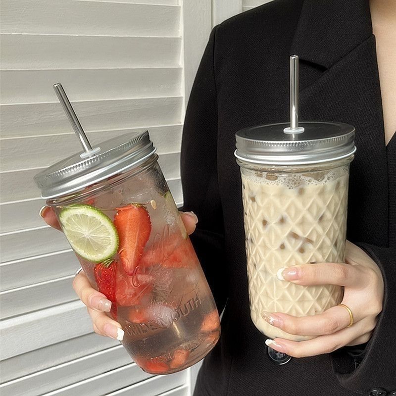 Textured Glass Tumbler with Lid & Straw – 360ml Reusable Drinking Cup