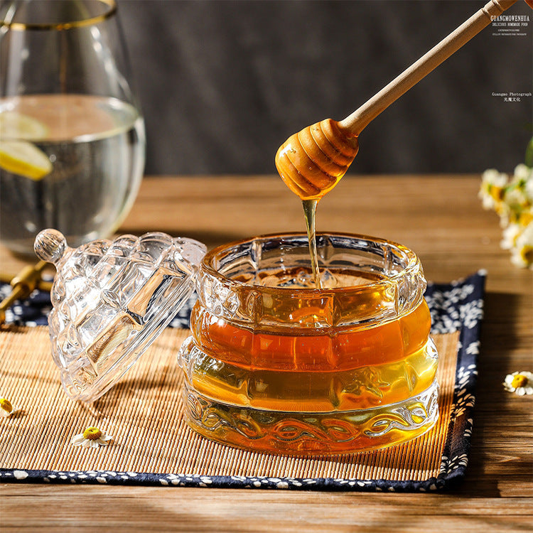 Glass Honey Jar with Wooden Dipper – Syrup & Sugar Storage Container