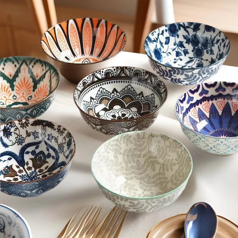 Bohemian Ceramic Pedestal Bowl – Underglaze Rice & Soup Bowl