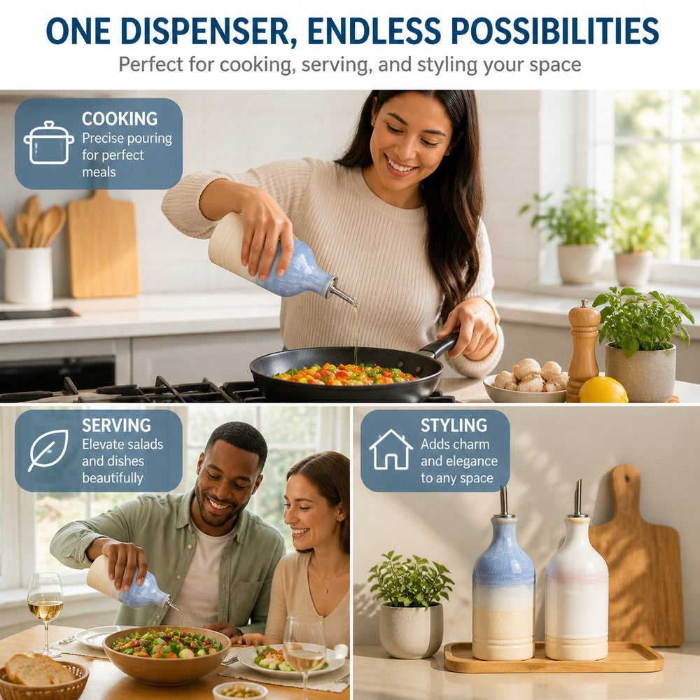 Wabi-Sabi Ceramic Oil Dispenser – Automatic Pour Olive Oil & Vinegar Bottle