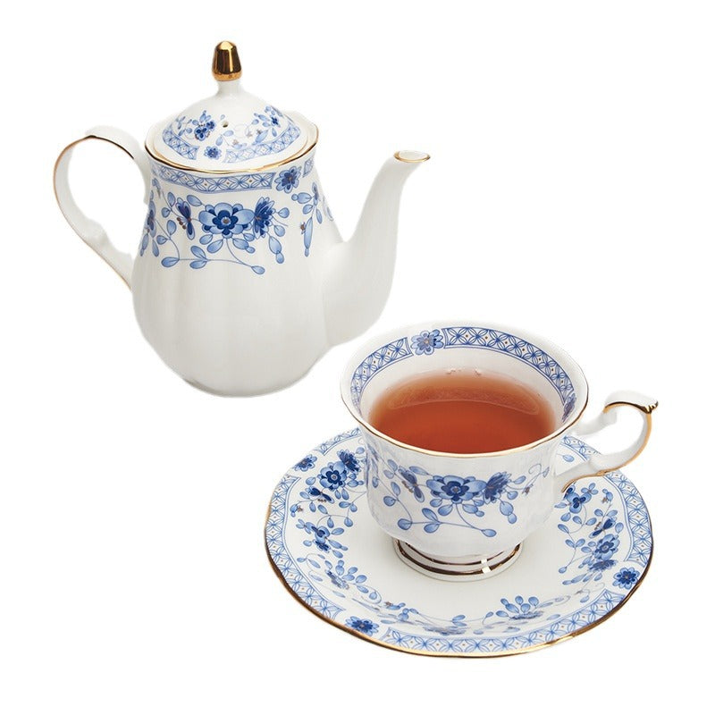Luxury Porcelain Coffee Set – Blue Floral & Gold Trim Cups for Tea & Coffee