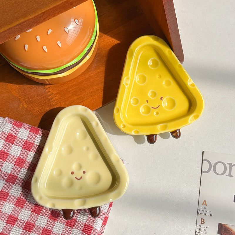Cute Cheese-Shaped Ceramic Dipping Dish – Yellow and Cream Condiment Plate