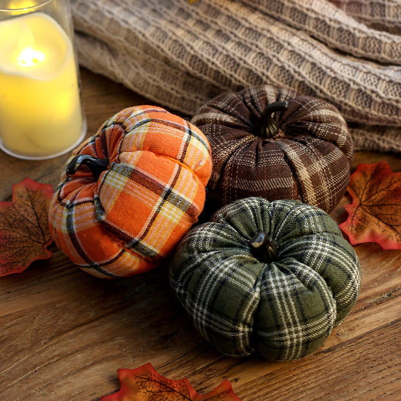 Plaid Fabric Pumpkin Decoration – Mini Stuffed Pumpkin