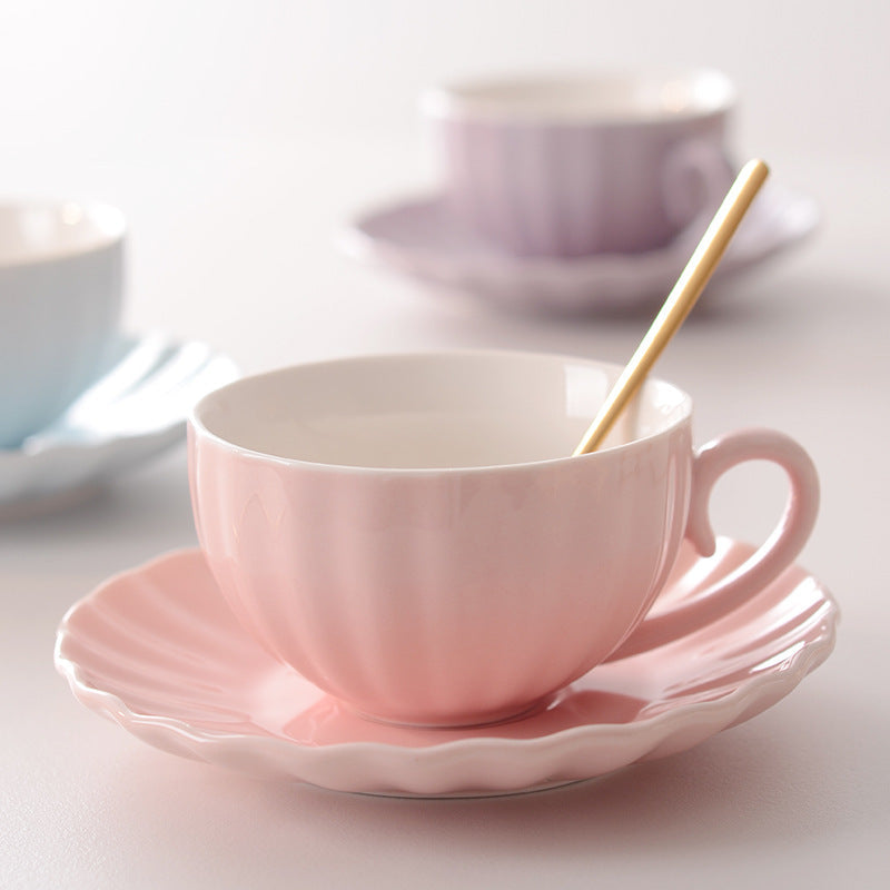 Fluted Ceramic Teacup and Saucer Set, Pastel Coffee Cup with Scalloped Plate