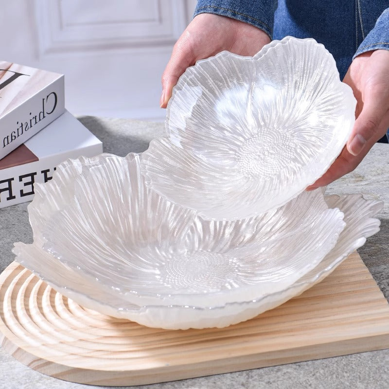 Polish-Style Glass Fruit Bowl – Luxury Pearl White Floral Serving Plate