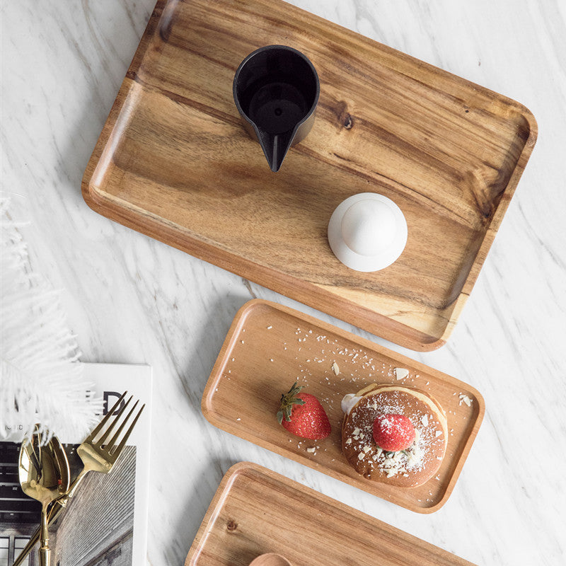 Acacia Wood Serving Tray, Rectangular Wooden Tea Tray, Dessert, Snack & Cake Plate