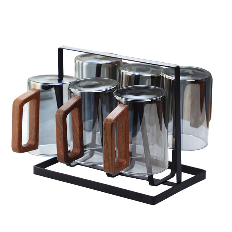 Glass Cups with Holder – 6-Piece 300ml Drinking Glass Set with Storage Rack