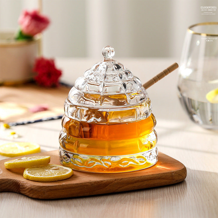 Glass Honey Jar with Wooden Dipper – Syrup & Sugar Storage Container