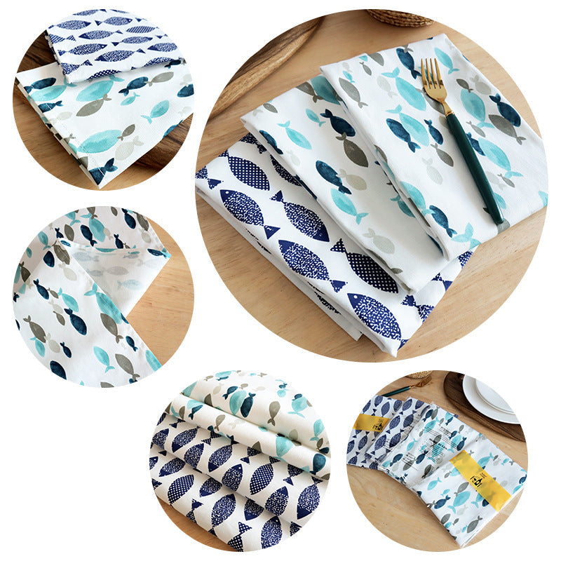Mediterranean Blue Fish Print Napkin, Kitchen Tea Towel & Home Textile
