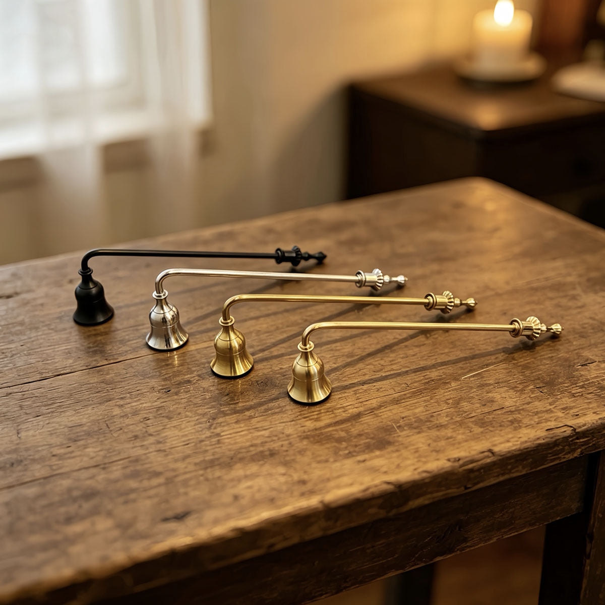 Long Handle Candle Snuffer – Metal Bell-Shaped Wick Extinguisher for Taper Candles, Jar Candles, Home Decor, Wedding & Fireplace Use