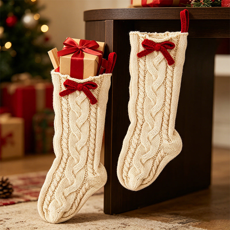Cable Knit Christmas Stocking – Polyester Holiday Stocking with Red Bow, Large Hanging Stocking for Fireplace Mantel & Christmas Gift Decor