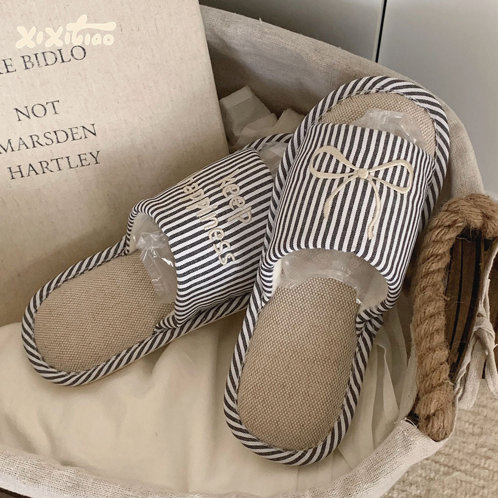 Striped Linen Open Toe House Slippers, Lightweight Indoor Slides with Non-Slip PVC Sole