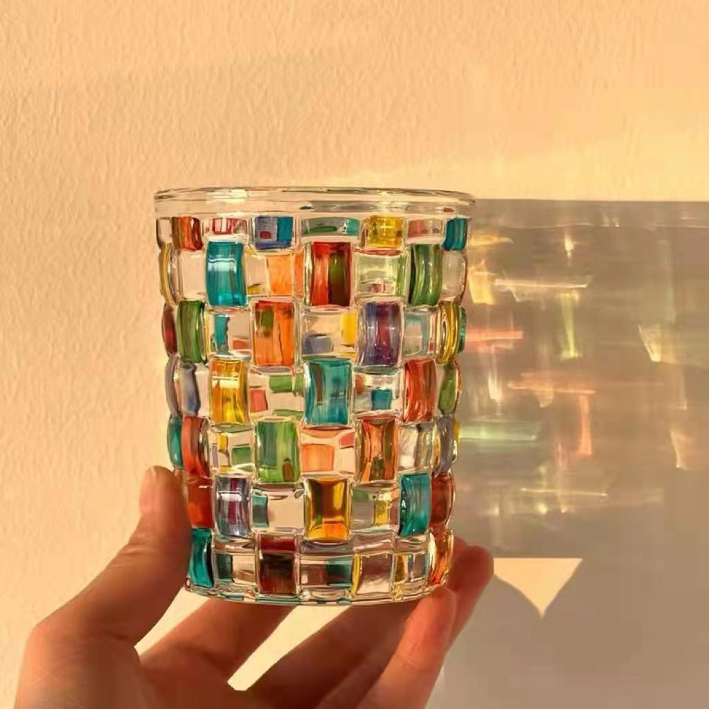Colorful Mosaic Juice,  Whiskey Glass, 270ml Hand-Painted Style Checkered Drinking Tumbler
