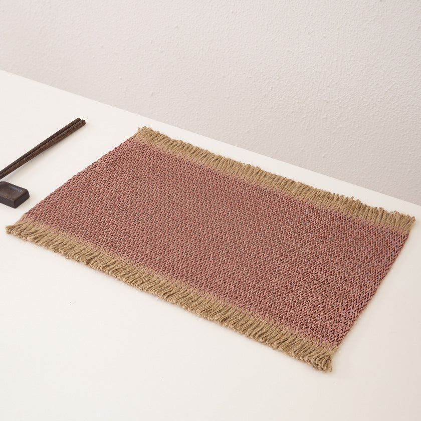 Woven Paper and Flax Grass Placemat with Fringe – Rustic Rectangular Table Mat, Green or Pink, Farmhouse Dining Décor
