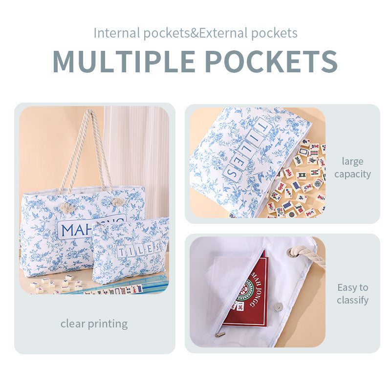 3-Piece Mahjong Storage Bag Set – Blue Floral Tote, Tile Pouch & Rack Carry Bag for Mahjong Tiles, Accessories, Travel & Home Storage