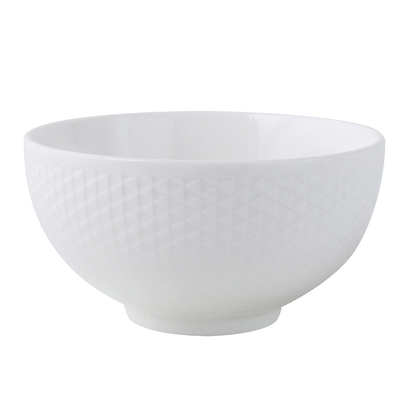 White Ceramic Bowl – Grid Pattern Rice, Soup & Salad Bowl for Home & Hospitality