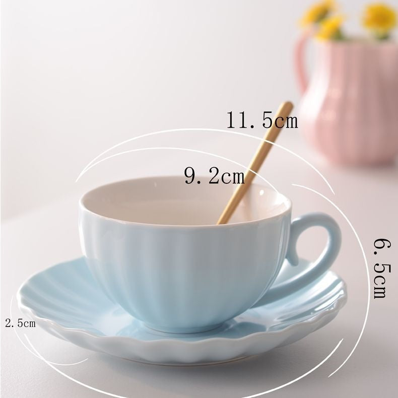 Fluted Ceramic Teacup and Saucer Set, Pastel Coffee Cup with Scalloped Plate