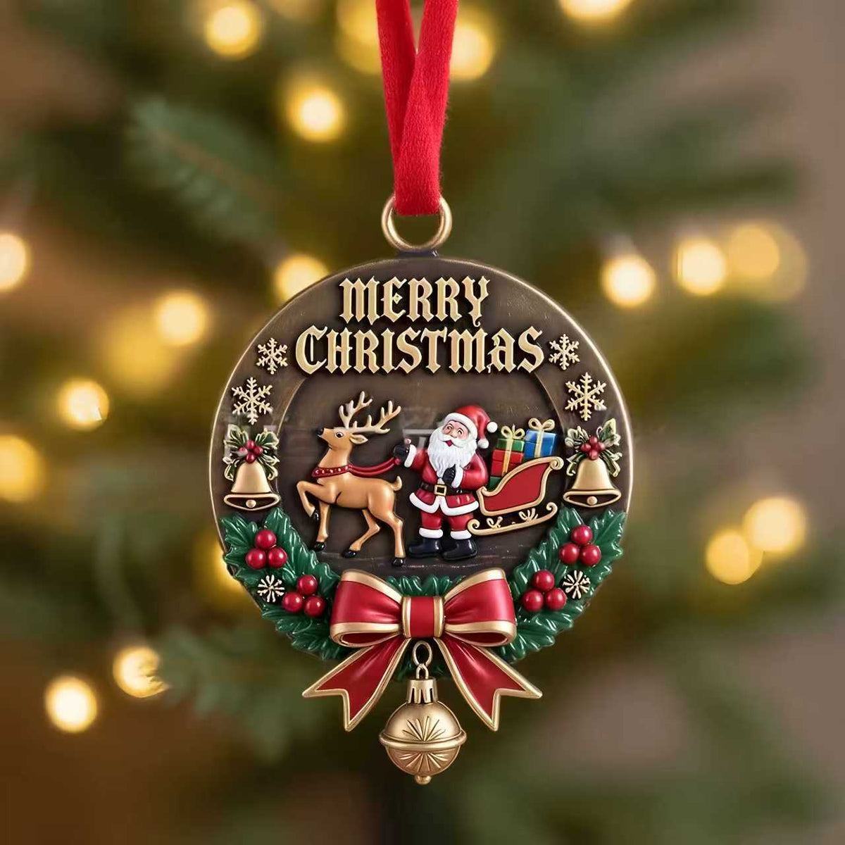 8CM Acrylic Christmas Ornament – Santa Reindeer Wreath Hanging Decoration with Red Ribbon for Christmas Tree, Holiday Home & Gift Decor