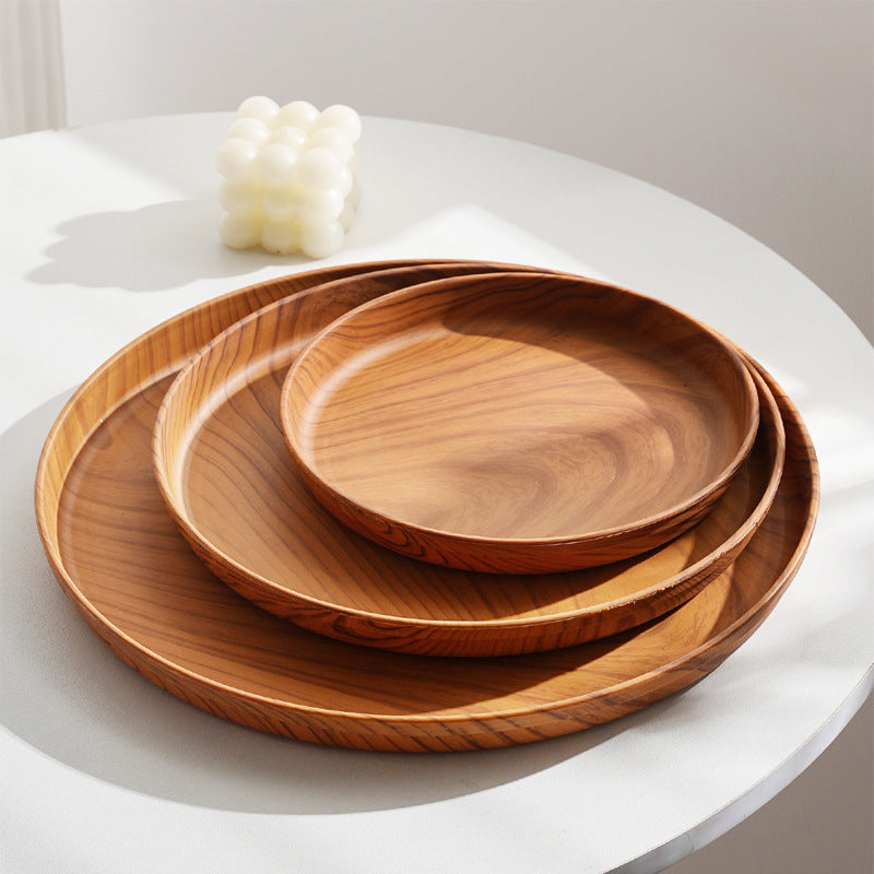 4-Piece Wood Grain Round Serving Tray Set – Lightweight Raised Edge Food Plates for Dining, Snacks, Desserts, Tea & Home Tableware