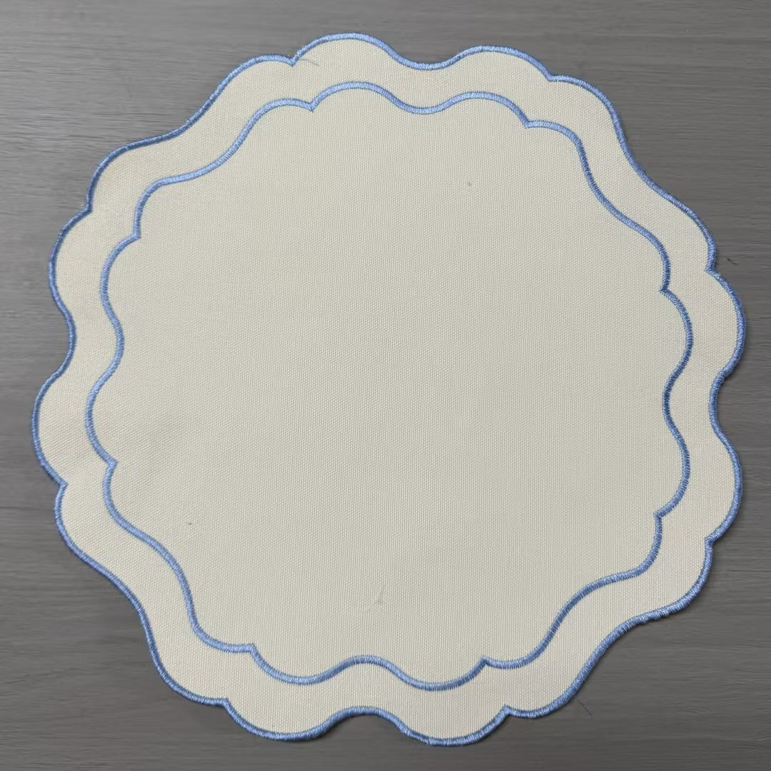 19.64-Inch Embroidered Canvas Placemat – Round Scalloped Table Mat with Blue Trim